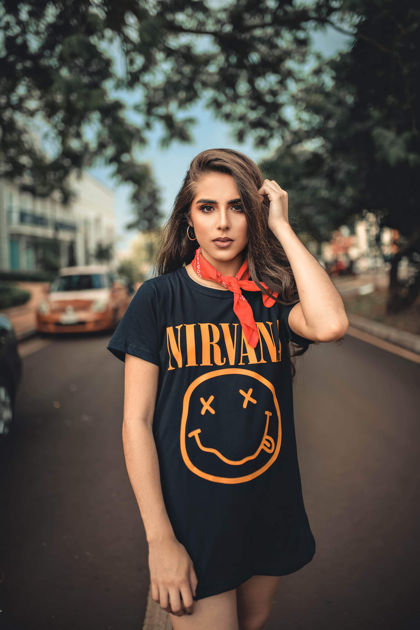 Woman in Black Nirvana-printed T-Shirt